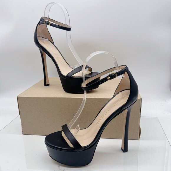 Stuart Weitzman Nudistcurve Hollywood Platform Sandal Black Leather US 8.5 Spain - Picture 1 of 10